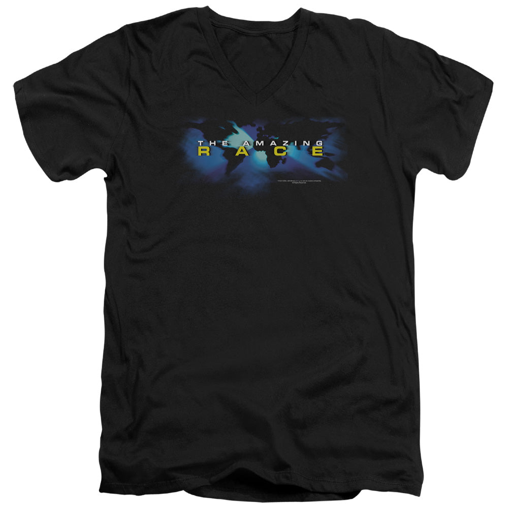 AN OFFCIALLY LICENSED AMAZING RACE FADED GLOBE MEN'S V-NECK T-SHIRT BLACK