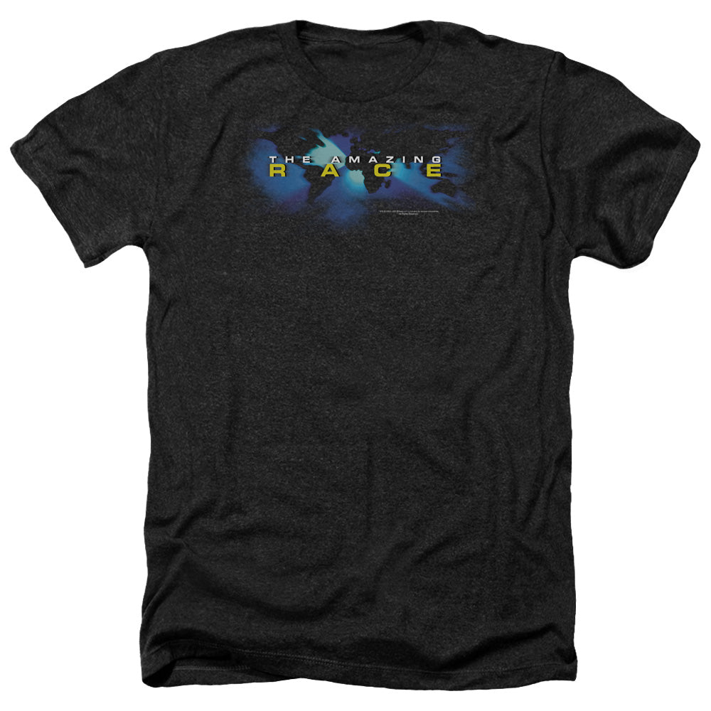 AN OFFCIALLY LICENSED AMAZING RACE FADED GLOBE MEN'S HEATHER T-SHIRT CHARCOAL