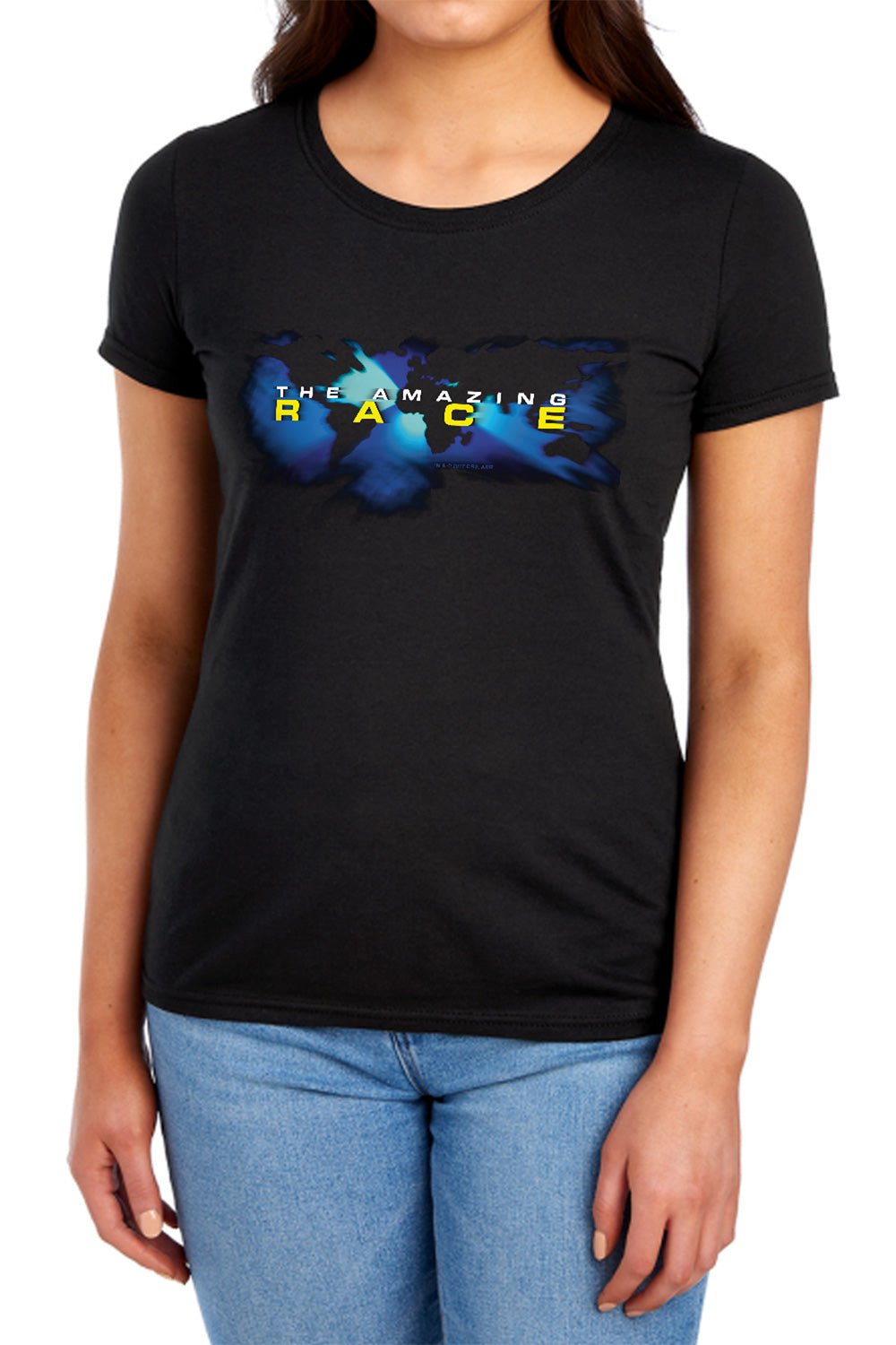 AN OFFCIALLY LICENSED AMAZING RACE FADED GLOBE WOMEN'S REGULAR FIT T-SHIRT BLACK