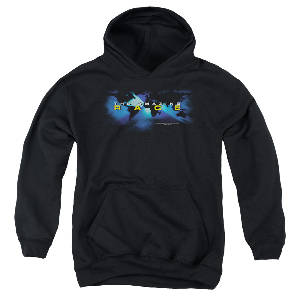AN OFFCIALLY LICENSED AMAZING RACE FADED GLOBE YOUTH HOODIE BLACK