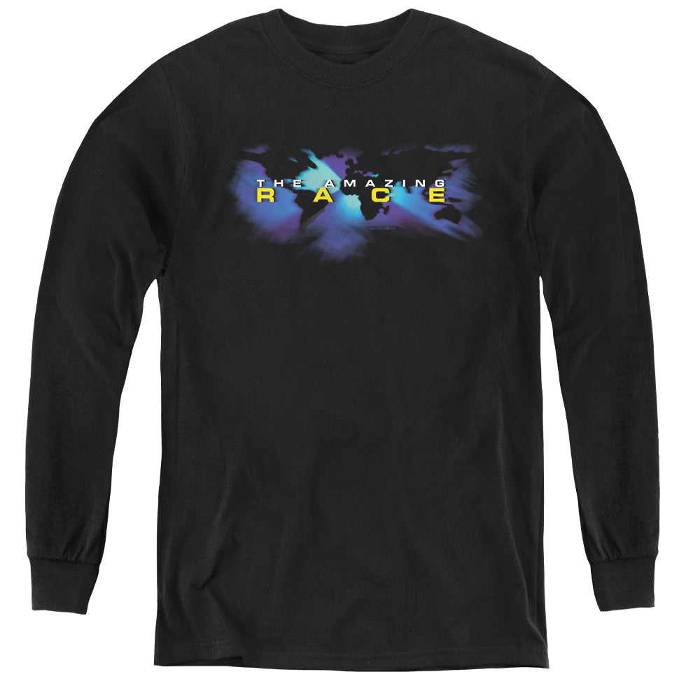 AN OFFCIALLY LICENSED AMAZING RACE FADED GLOBE YOUTH LONG SLEEVE T-SHIRT BLACK