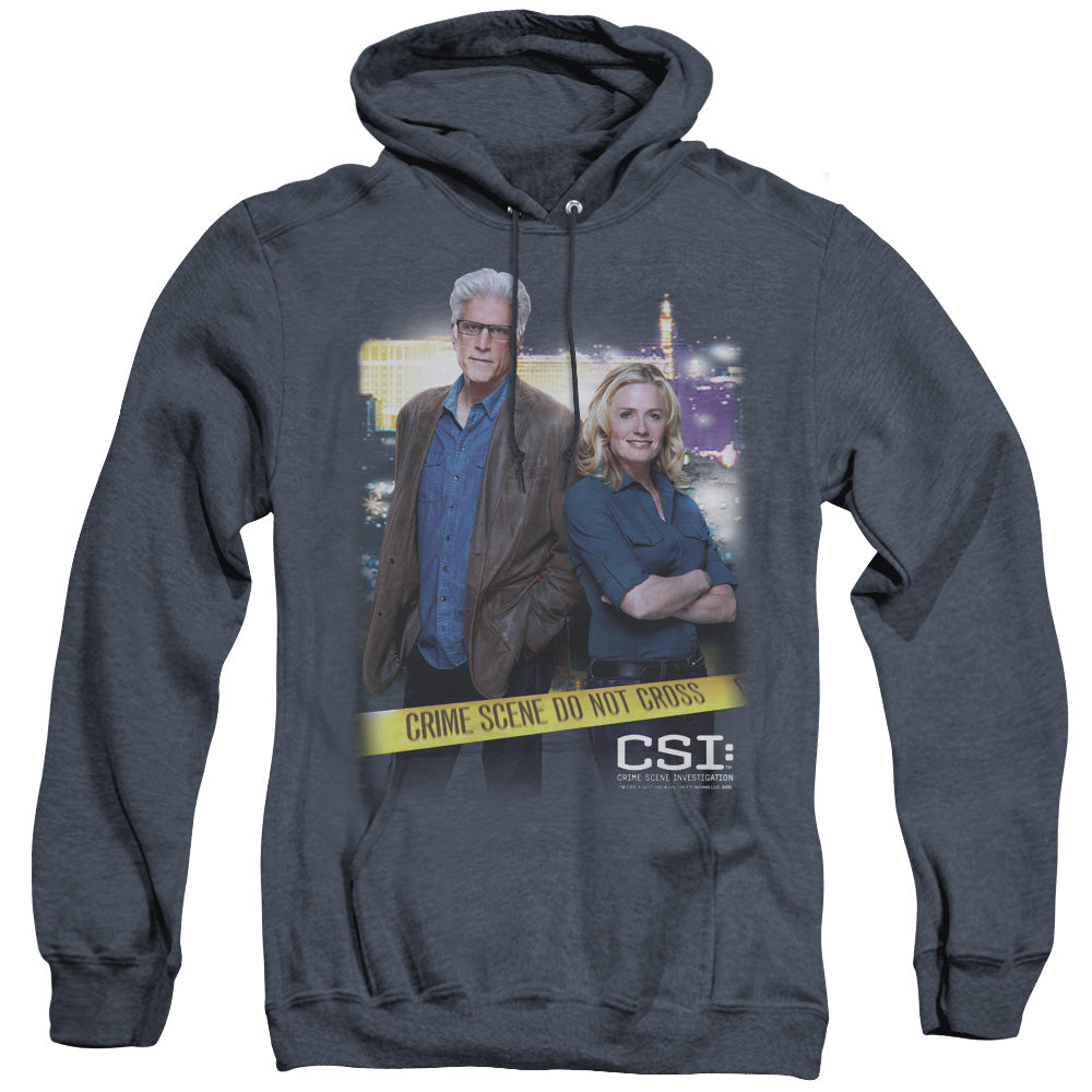 AN OFFCIALLY LICENSED CSI DO NOT CROSS ADULT UNISEX HEATHER PULLOVER HOODIE NAVY