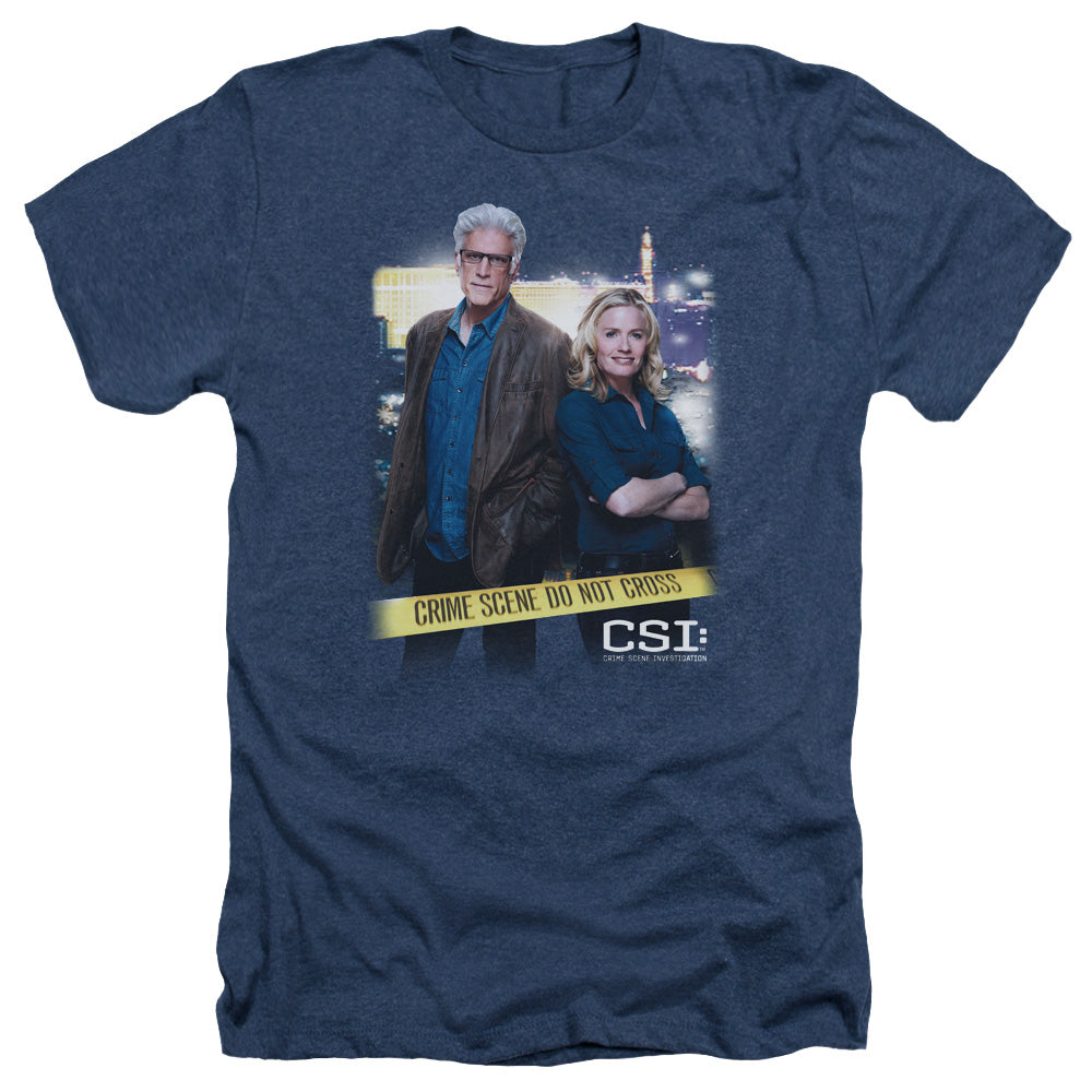 AN OFFCIALLY LICENSED CSI DO NOT CROSS MEN'S HEATHER T-SHIRT NAVY