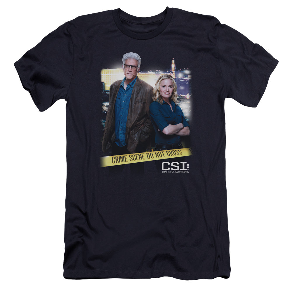 AN OFFCIALLY LICENSED CSI DO NOT CROSS MEN'S PREMIUM SLIM FIT T-SHIRT NAVY