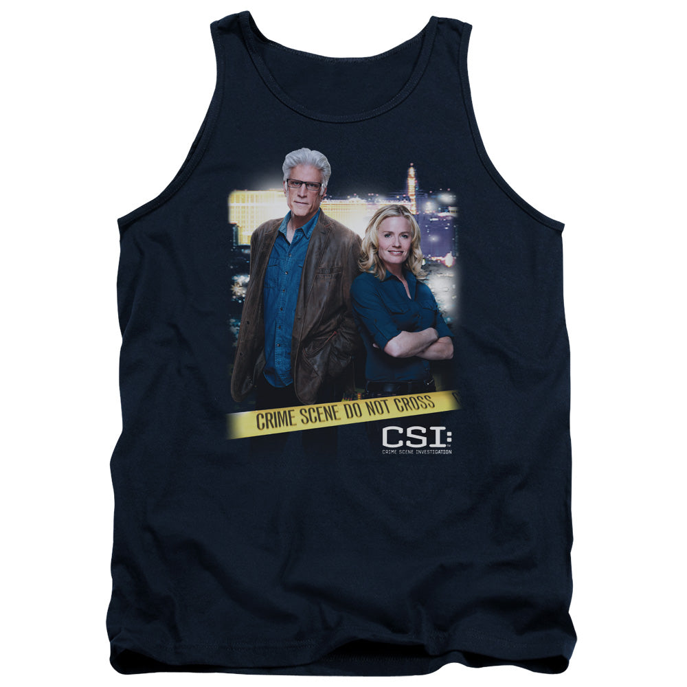 AN OFFCIALLY LICENSED CSI DO NOT CROSS ADULT UNISEX TANK TOP NAVY