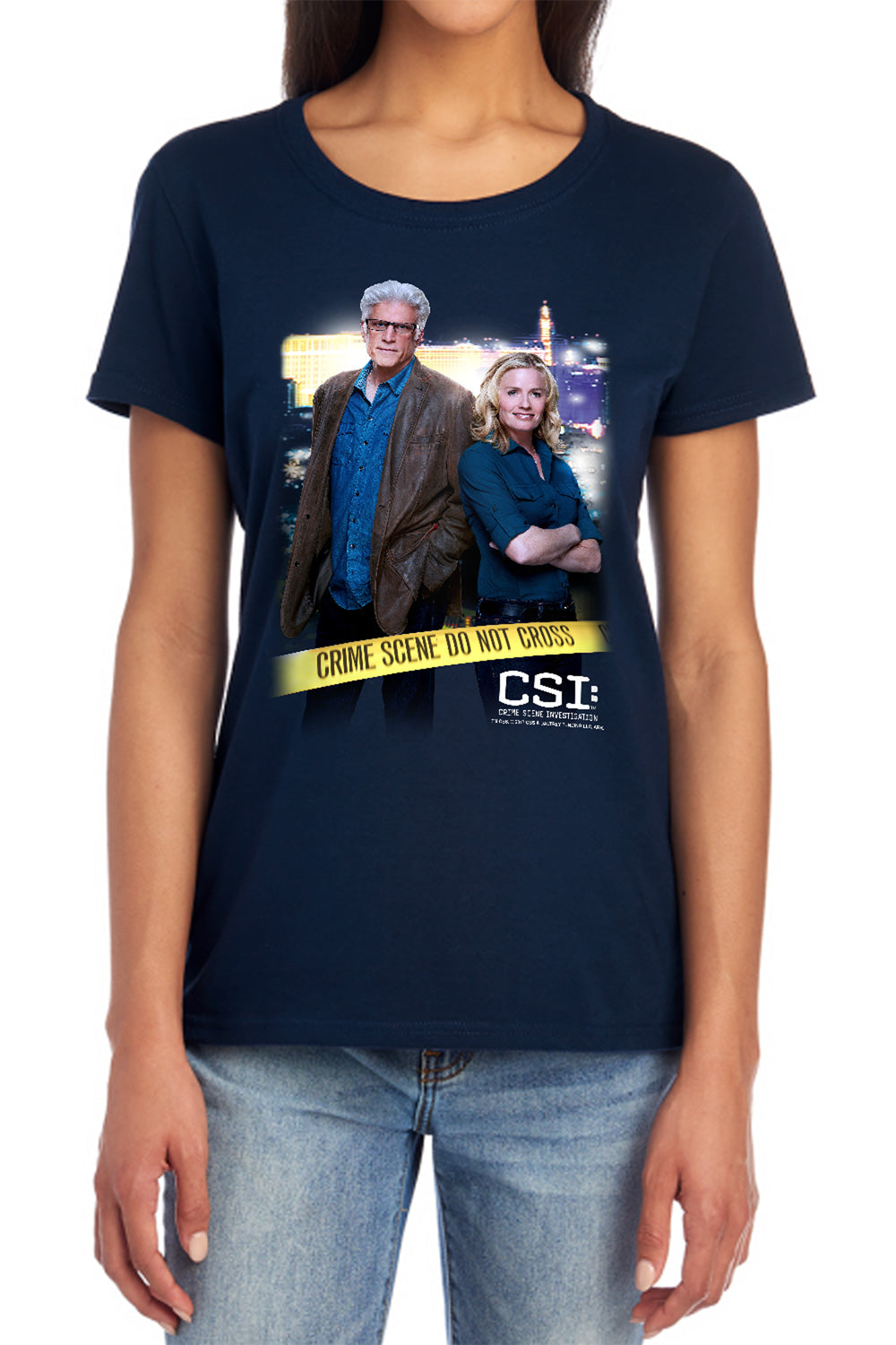 AN OFFCIALLY LICENSED CSI DO NOT CROSS WOMEN'S REGULAR FIT T-SHIRT NAVY