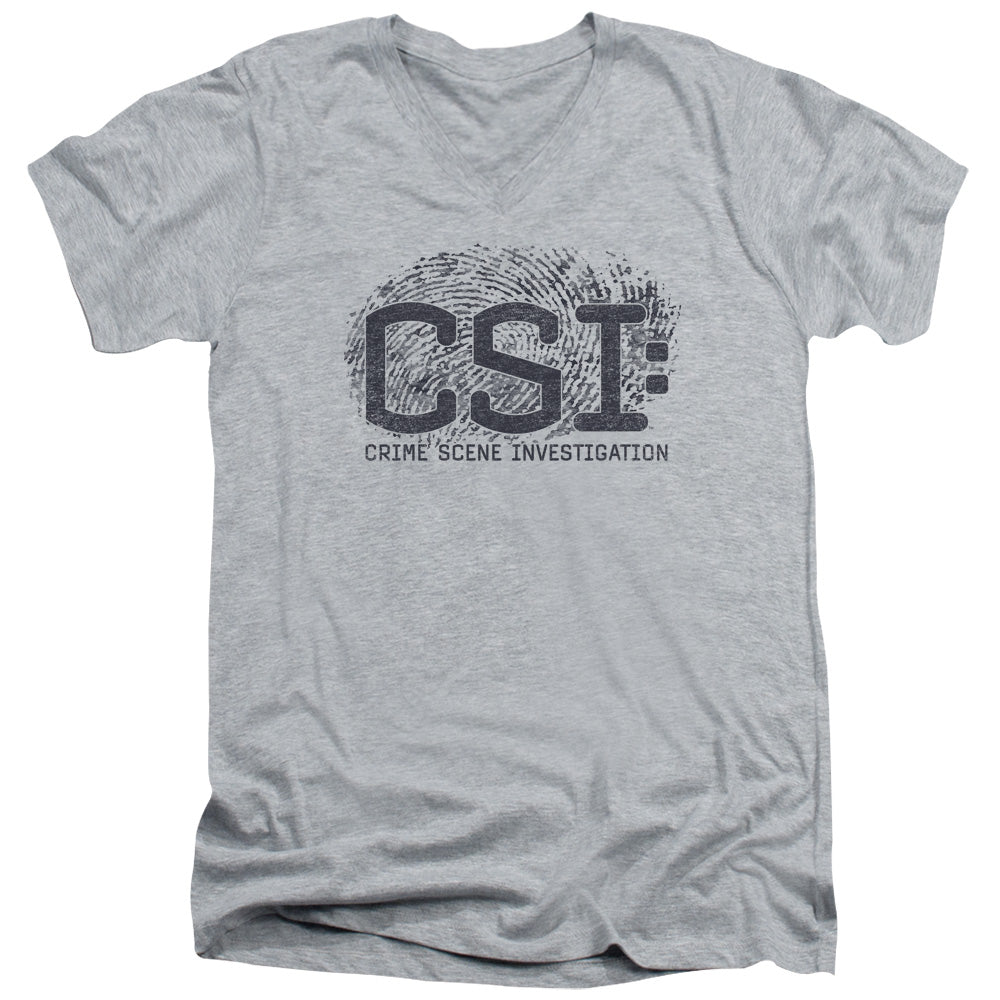 AN OFFCIALLY LICENSED CSI DISTRESSED LOGO MEN'S V-NECK T-SHIRT ATHLETIC HEATHER