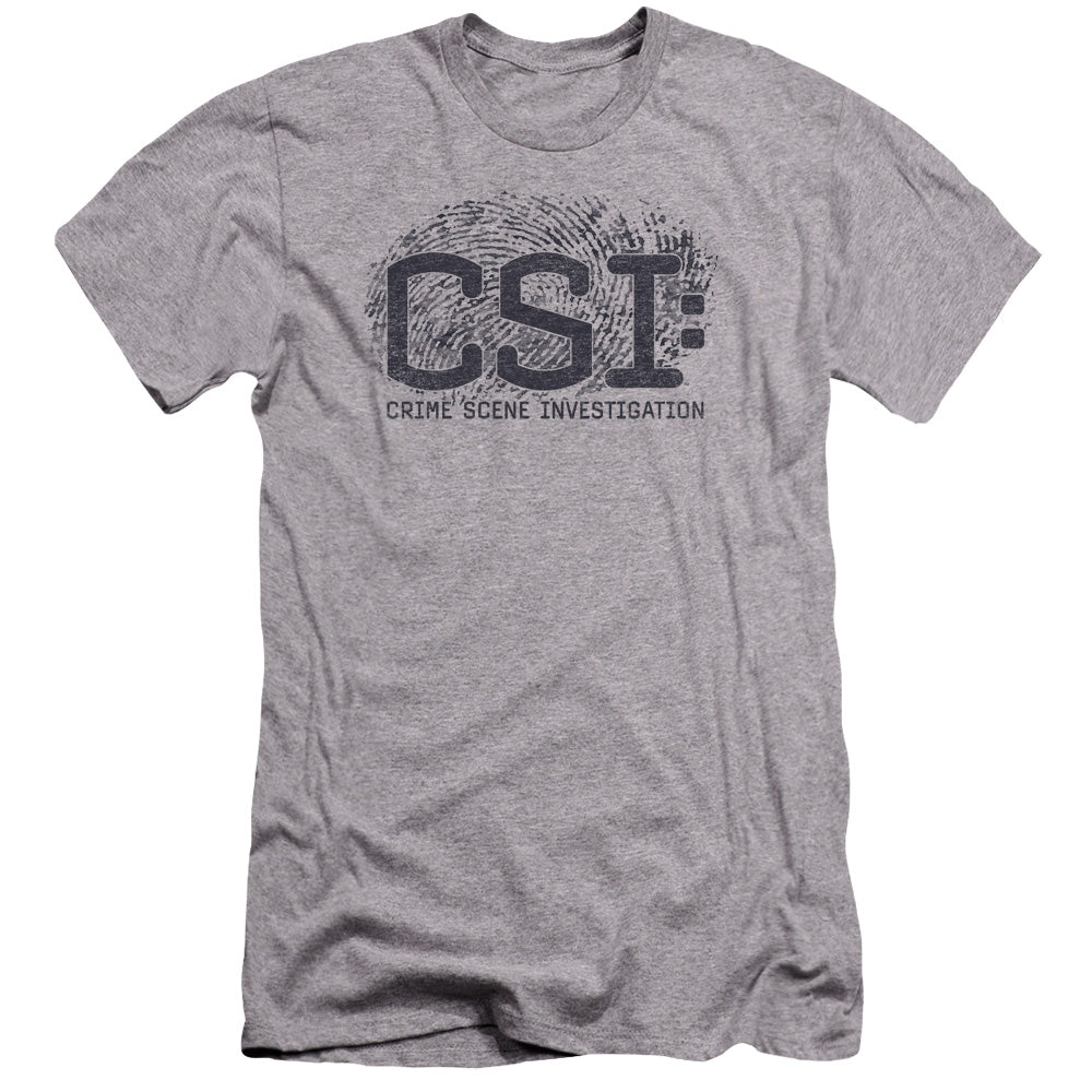 AN OFFCIALLY LICENSED CSI DISTRESSED LOGO MEN'S PREMIUM SLIM FIT T-SHIRT ATHLETIC HEATHER