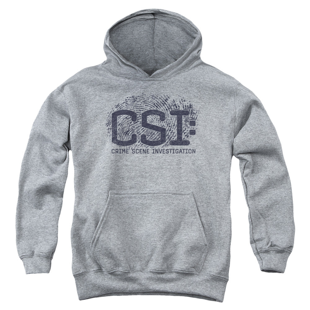 AN OFFCIALLY LICENSED CSI DISTRESSED LOGO YOUTH HOODIE ATHLETIC HEATHER
