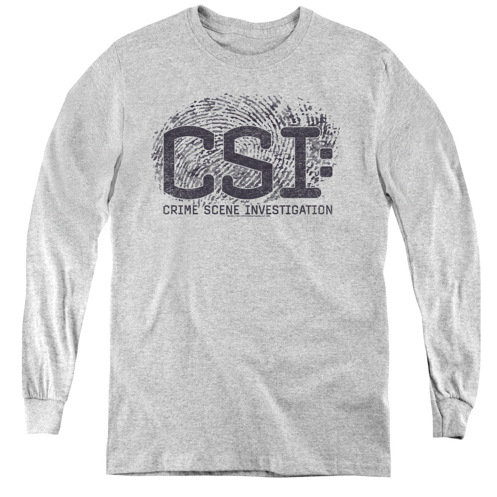 AN OFFCIALLY LICENSED CSI DISTRESSED LOGO YOUTH LONG SLEEVE T-SHIRT ATHLETIC HEATHER