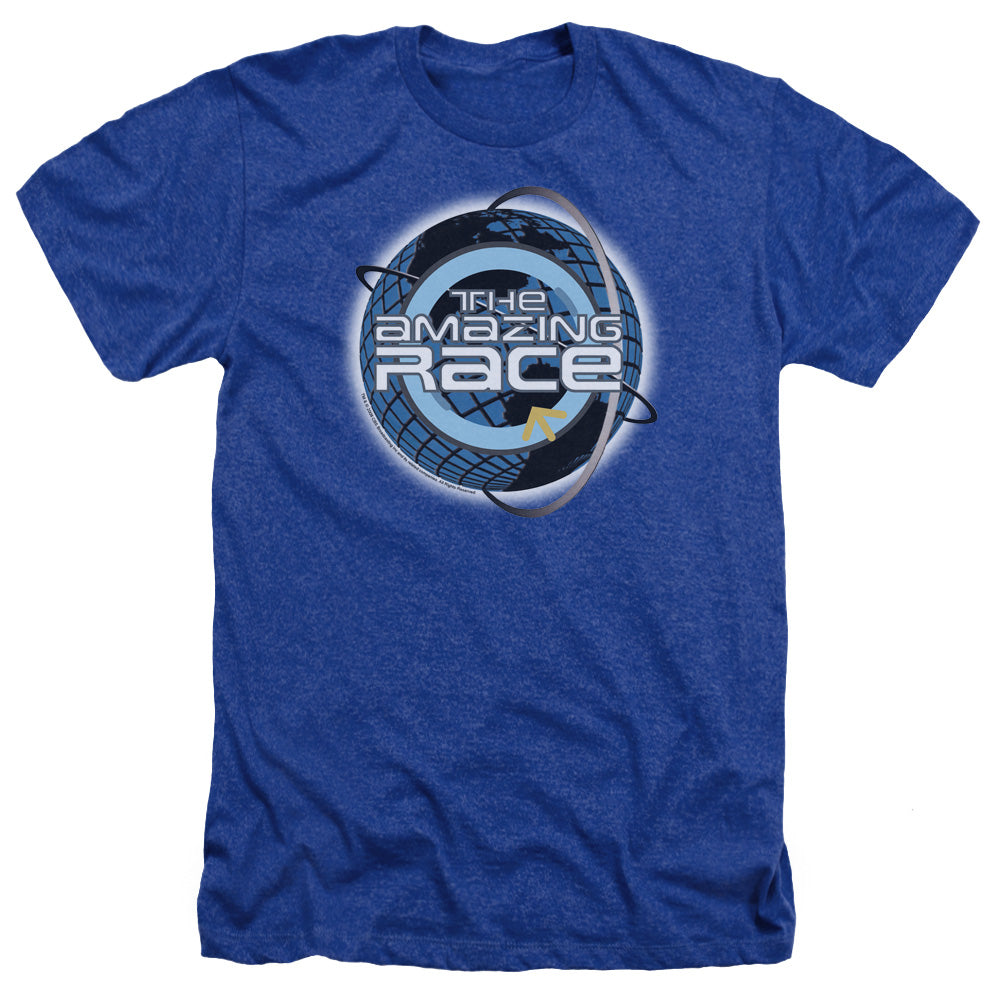 AN OFFCIALLY LICENSED AMAZING RACE AROUND THE GLOBE MEN'S HEATHER T-SHIRT ROYAL