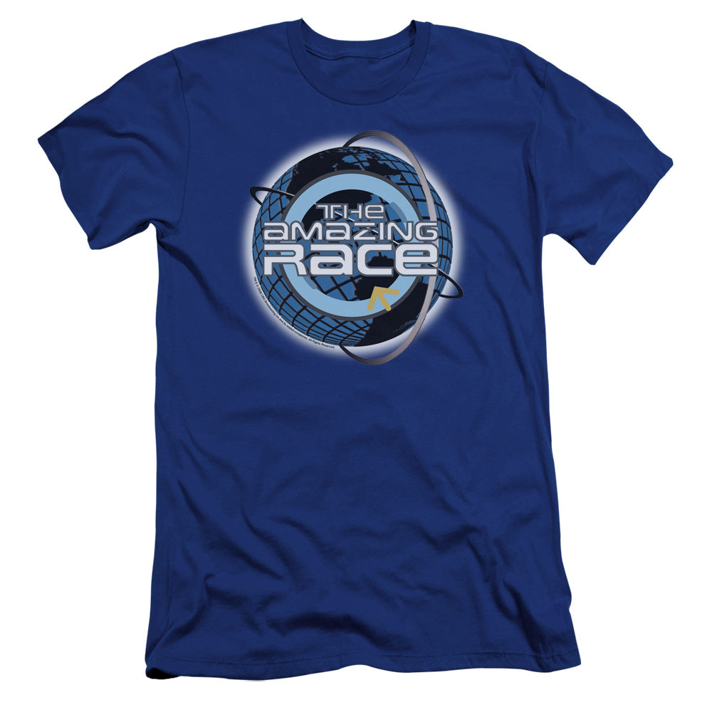 AN OFFCIALLY LICENSED AMAZING RACE AROUND THE GLOBE MEN'S PREMIUM SLIM FIT T-SHIRT ROYAL