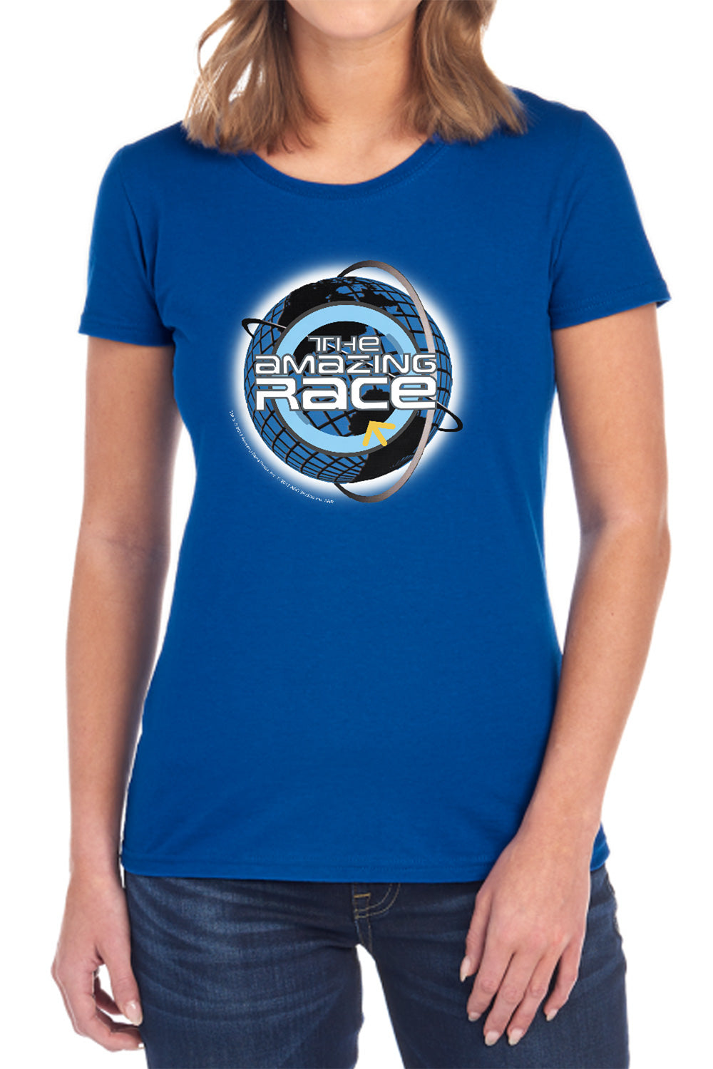 AN OFFCIALLY LICENSED AMAZING RACE AROUND THE GLOBE WOMEN'S REGULAR FIT T-SHIRT ROYAL