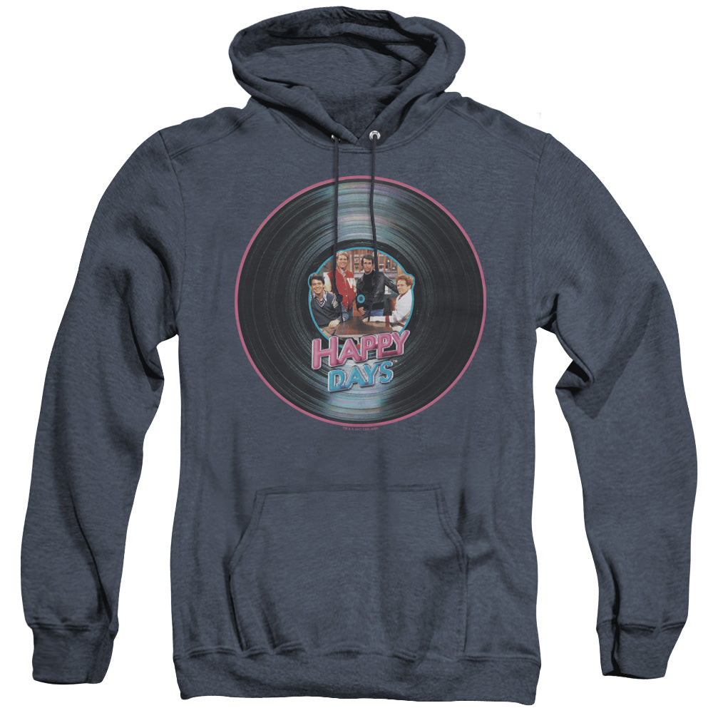AN OFFCIALLY LICENSED HAPPY DAYS ON THE RECORD ADULT UNISEX HEATHER PULLOVER HOODIE NAVY