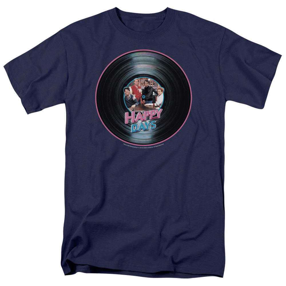 AN OFFCIALLY LICENSED HAPPY DAYS ON THE RECORD MEN'S REGULAR FIT T-SHIRT NAVY