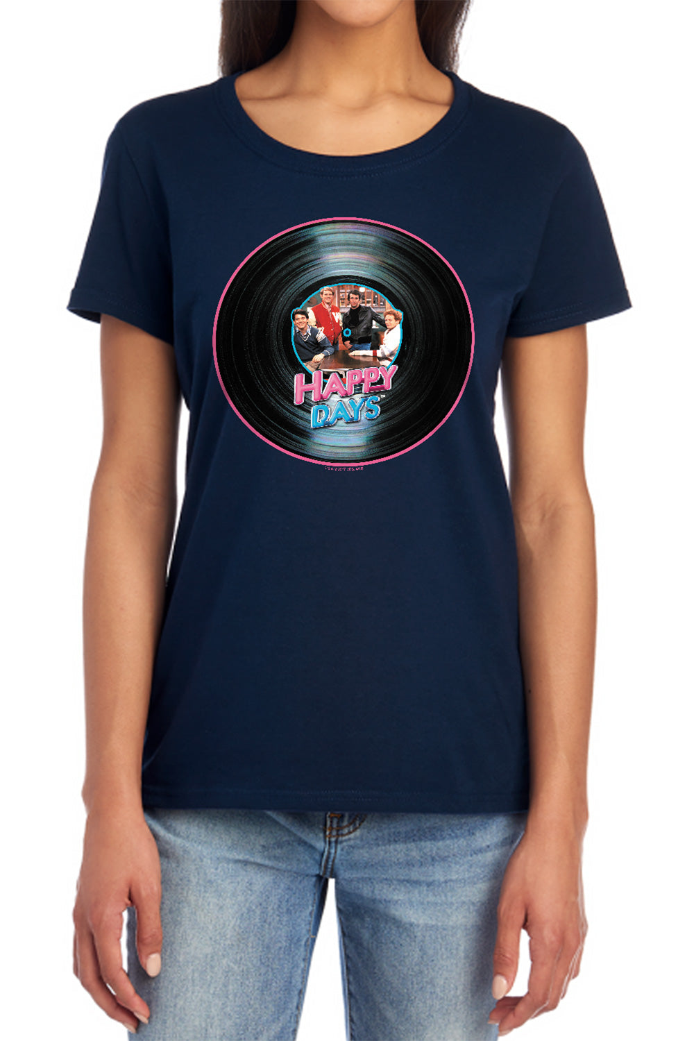AN OFFCIALLY LICENSED HAPPY DAYS ON THE RECORD WOMEN'S REGULAR FIT T-SHIRT NAVY