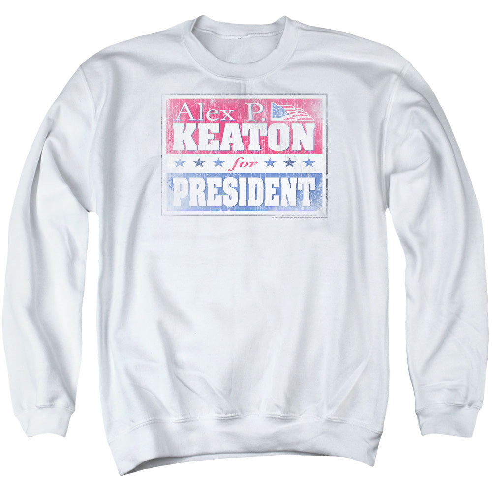 AN OFFCIALLY LICENSED FAMILY TIES ALEX FOR PRESIDENT ADULT UNISEX CREWNECK SWEATSHIRT WHITE