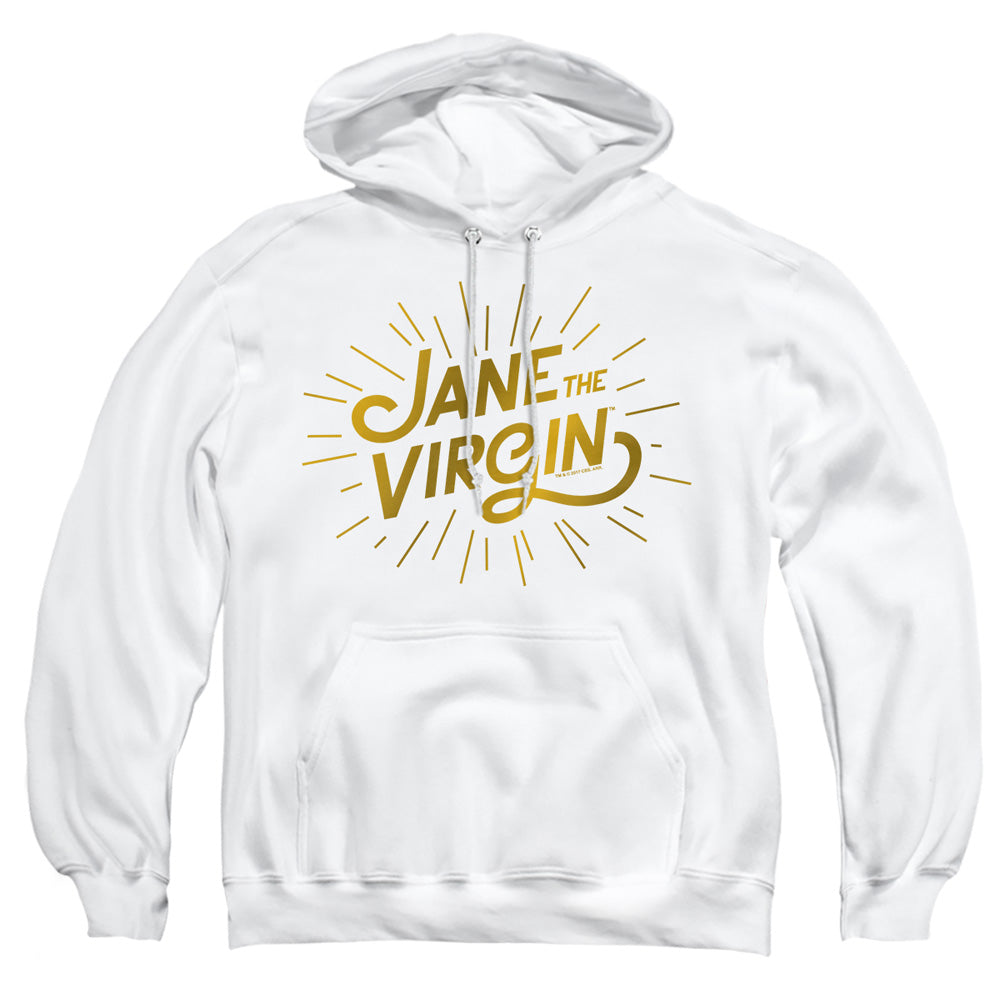AN OFFCIALLY LICENSED JANE THE VIRGIN GOLDEN LOGO ADULT UNISEX PULLOVER HOODIE WHITE