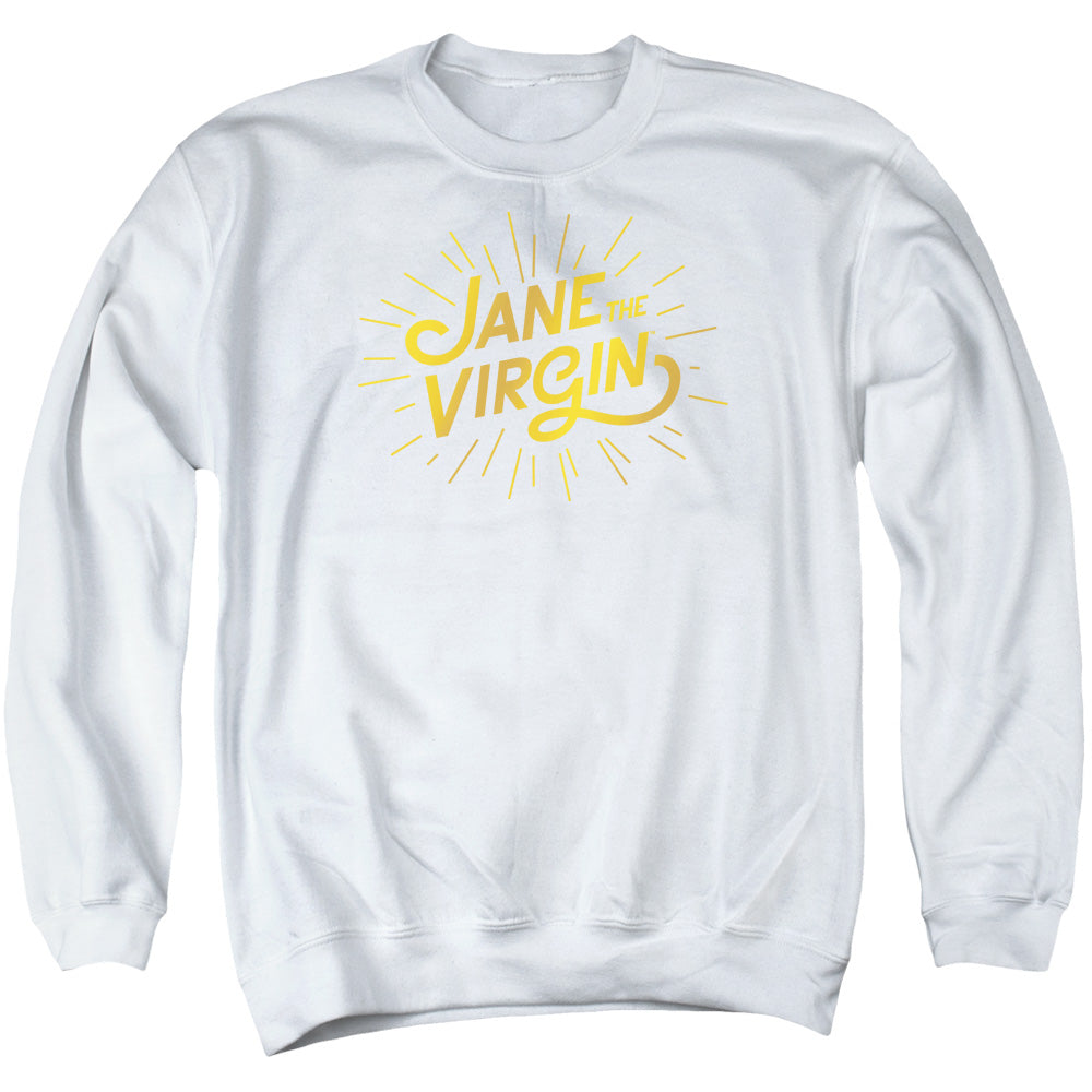 AN OFFCIALLY LICENSED JANE THE VIRGIN GOLDEN LOGO ADULT UNISEX CREWNECK SWEATSHIRT WHITE