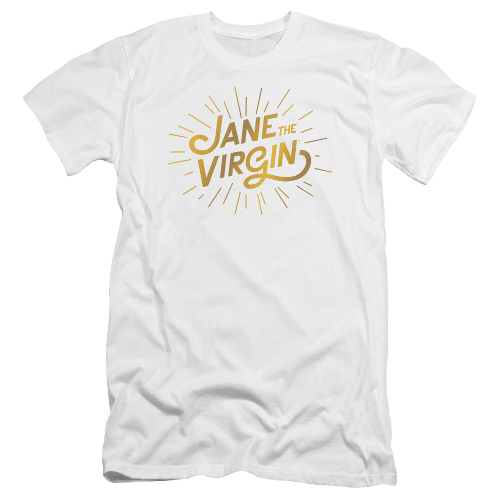 AN OFFCIALLY LICENSED JANE THE VIRGIN GOLDEN LOGO MEN'S PREMIUM SLIM FIT T-SHIRT WHITE