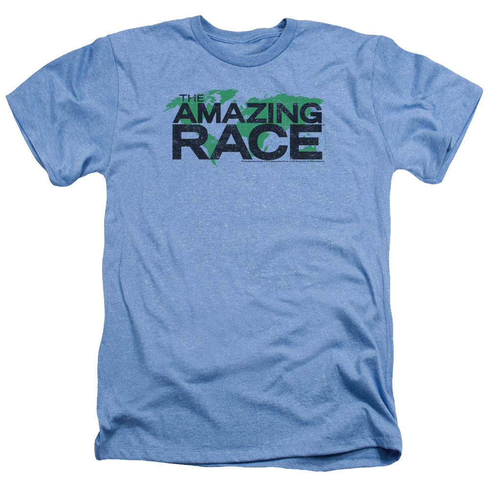 AN OFFCIALLY LICENSED AMAZING RACE RACE WORLD MEN'S HEATHER T-SHIRT LIGHT BLUE