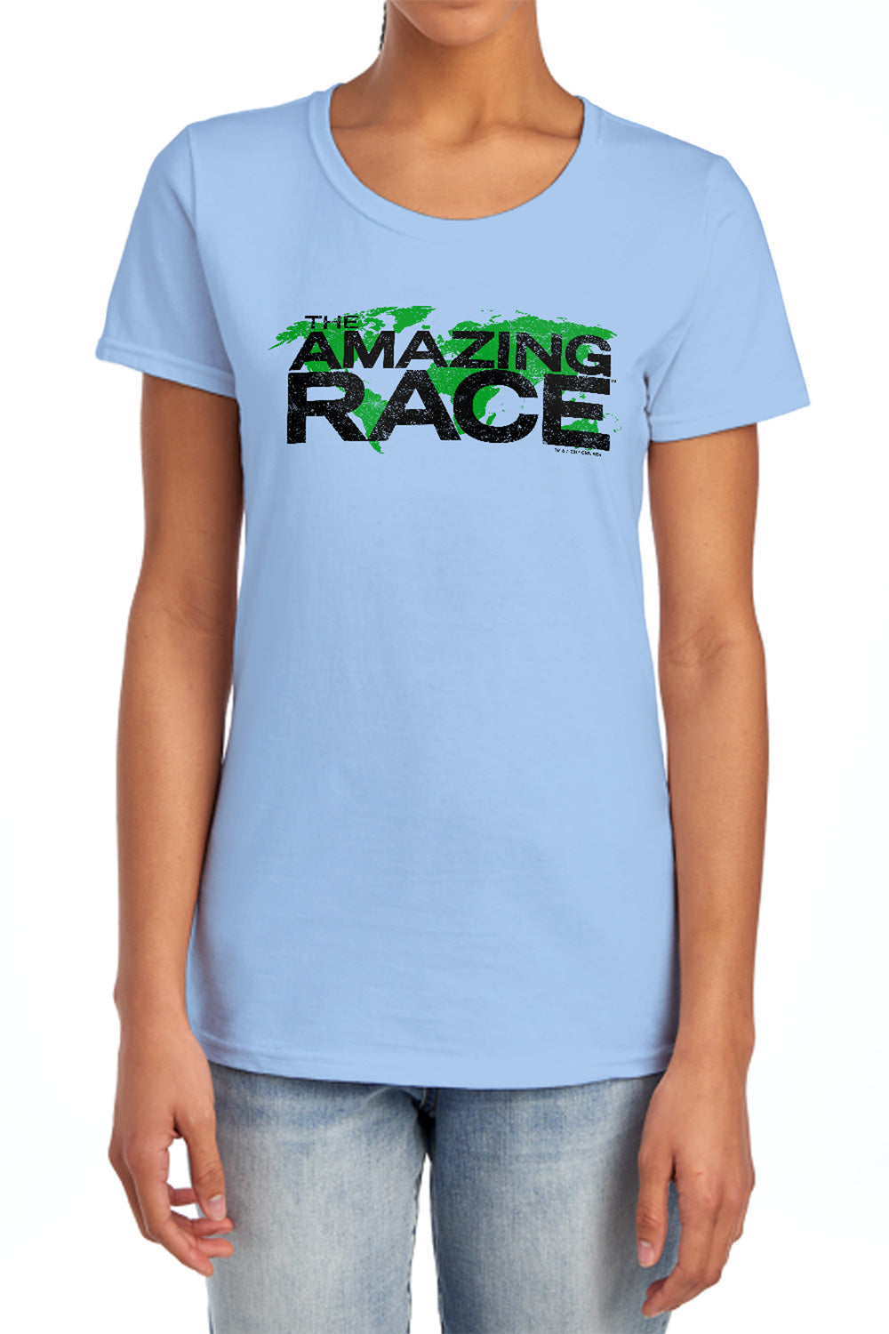 AN OFFCIALLY LICENSED AMAZING RACE RACE WORLD WOMEN'S REGULAR FIT T-SHIRT LIGHT BLUE