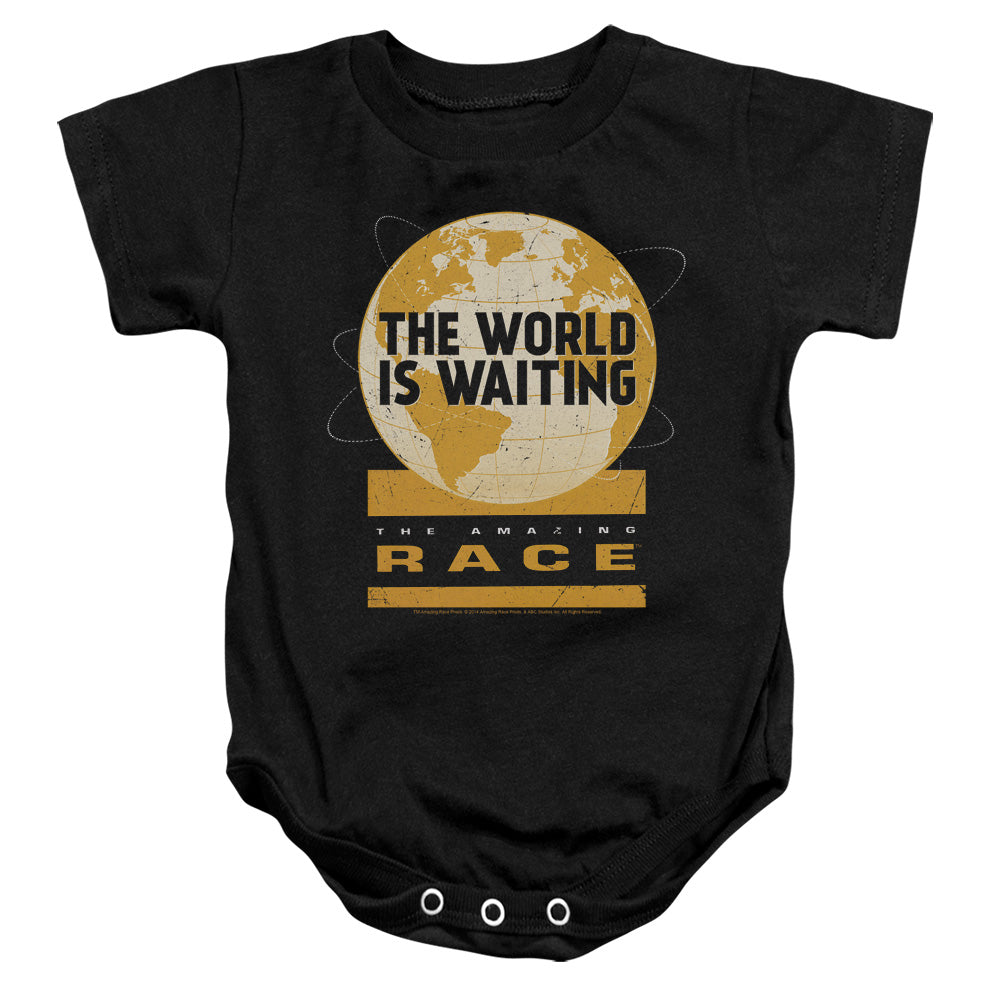 AN OFFCIALLY LICENSED AMAZING RACE WAITING WORLD BABY BODYSUIT BLACK