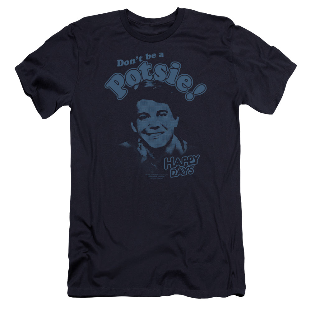 AN OFFCIALLY LICENSED HAPPY DAYS DONT BE A POTSY MEN'S PREMIUM SLIM FIT T-SHIRT NAVY