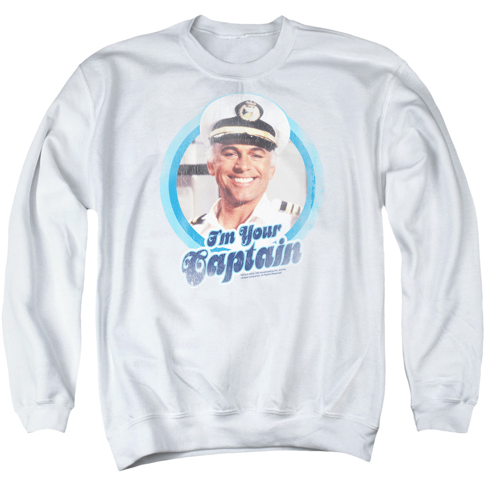 AN OFFCIALLY LICENSED LOVE BOAT IM YOUR CAPTAIN ADULT UNISEX CREWNECK SWEATSHIRT WHITE