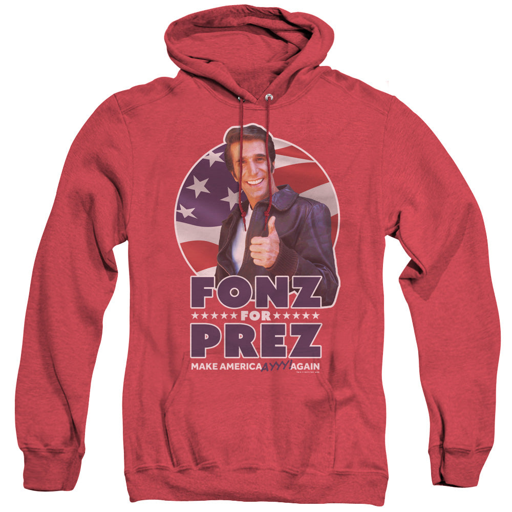 AN OFFCIALLY LICENSED HAPPY DAYS FONZ FOR PREZ ADULT UNISEX HEATHER PULLOVER HOODIE RED