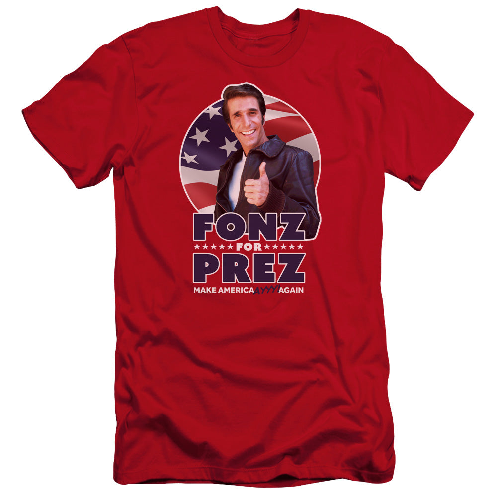 AN OFFCIALLY LICENSED HAPPY DAYS FONZ FOR PREZ MEN'S PREMIUM SLIM FIT T-SHIRT RED