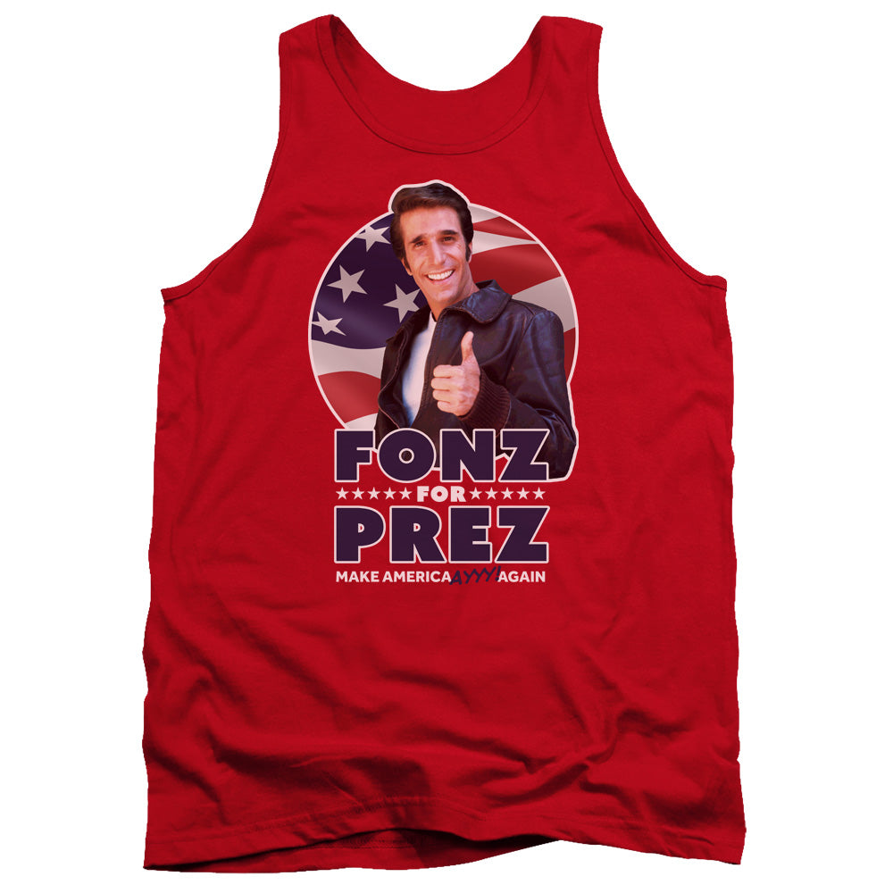 AN OFFCIALLY LICENSED HAPPY DAYS FONZ FOR PREZ ADULT UNISEX TANK TOP RED
