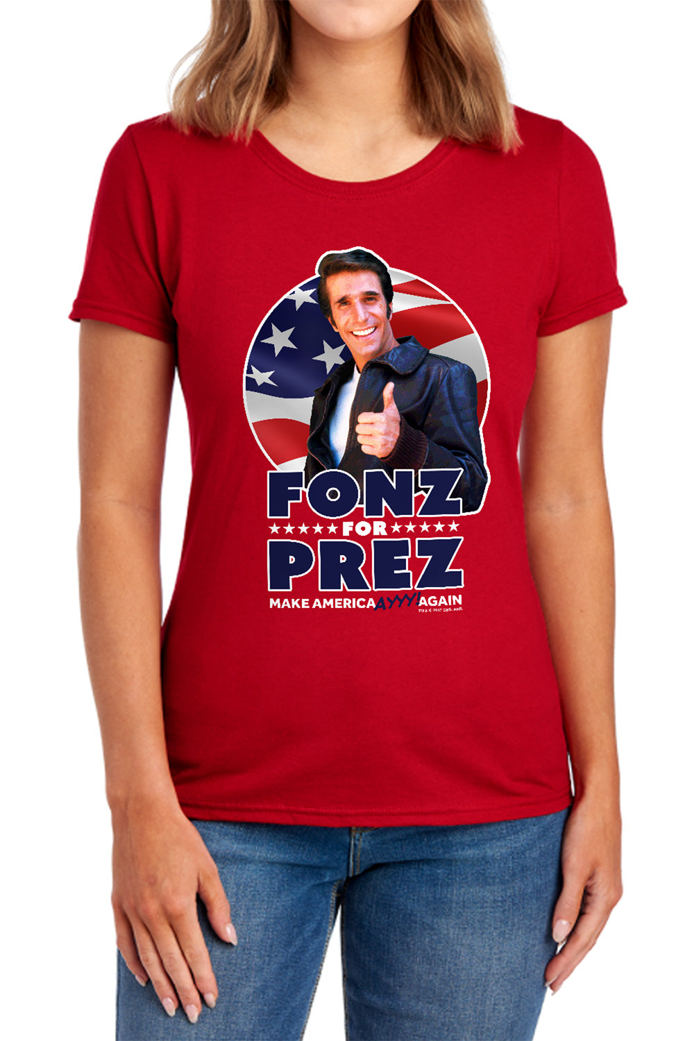 AN OFFCIALLY LICENSED HAPPY DAYS FONZ FOR PREZ WOMEN'S REGULAR FIT T-SHIRT RED
