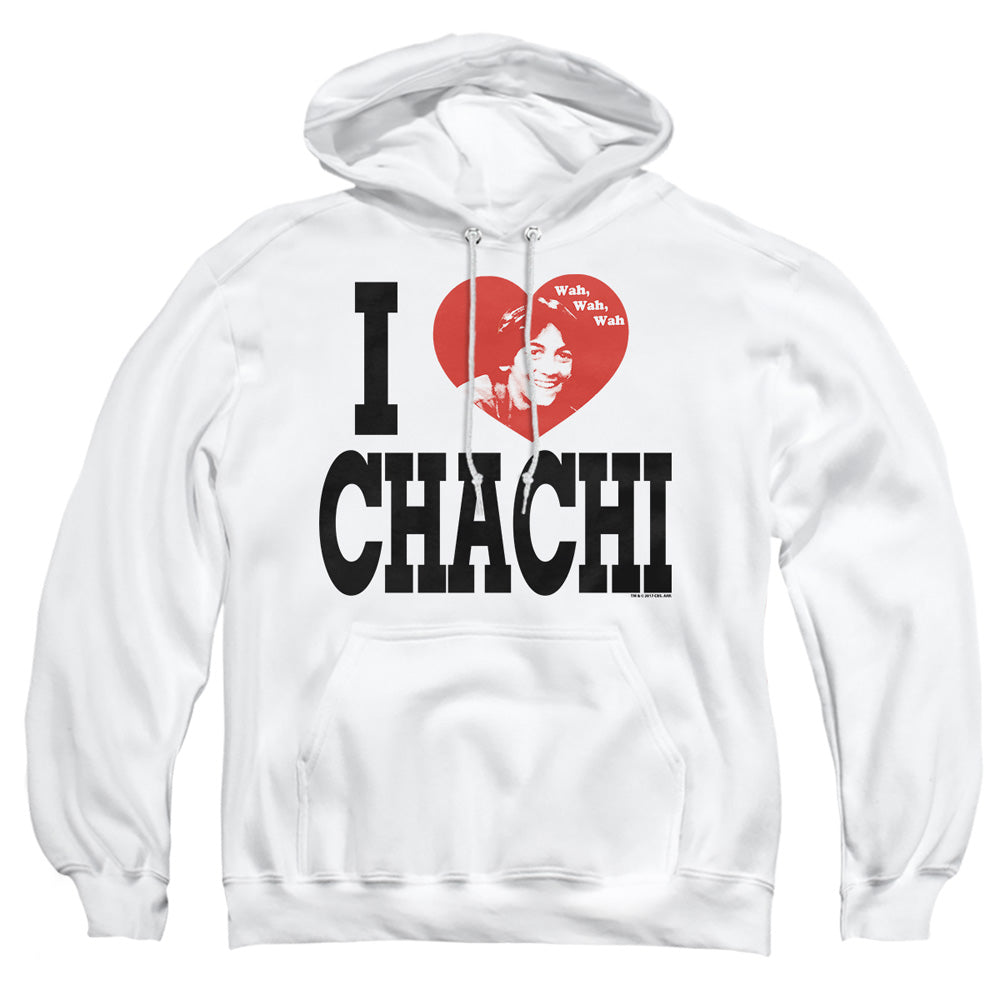 AN OFFCIALLY LICENSED HAPPY DAYS I HEART CHACHI ADULT UNISEX PULLOVER HOODIE WHITE