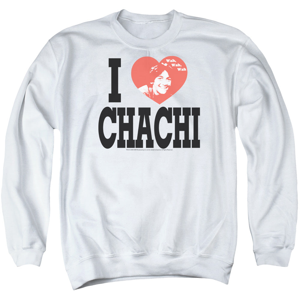 AN OFFCIALLY LICENSED HAPPY DAYS I HEART CHACHI ADULT UNISEX CREWNECK SWEATSHIRT WHITE