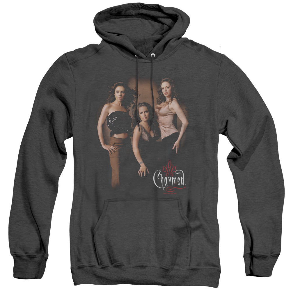 AN OFFCIALLY LICENSED CHARMED THREE HOT WITCHES ADULT UNISEX HEATHER PULLOVER HOODIE BLACK