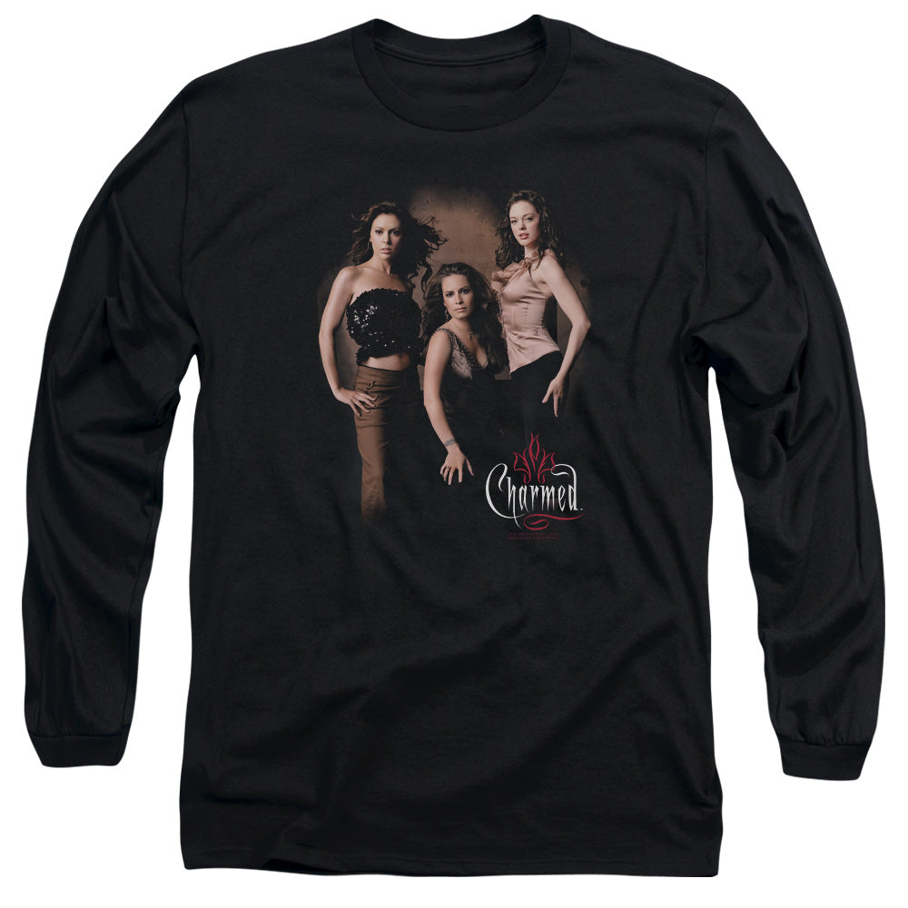 AN OFFCIALLY LICENSED CHARMED THREE HOT WITCHES MEN'S LONG SLEEVE T-SHIRT BLACK