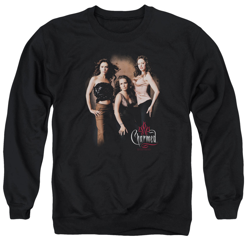 AN OFFCIALLY LICENSED CHARMED THREE HOT WITCHES ADULT UNISEX CREWNECK SWEATSHIRT BLACK