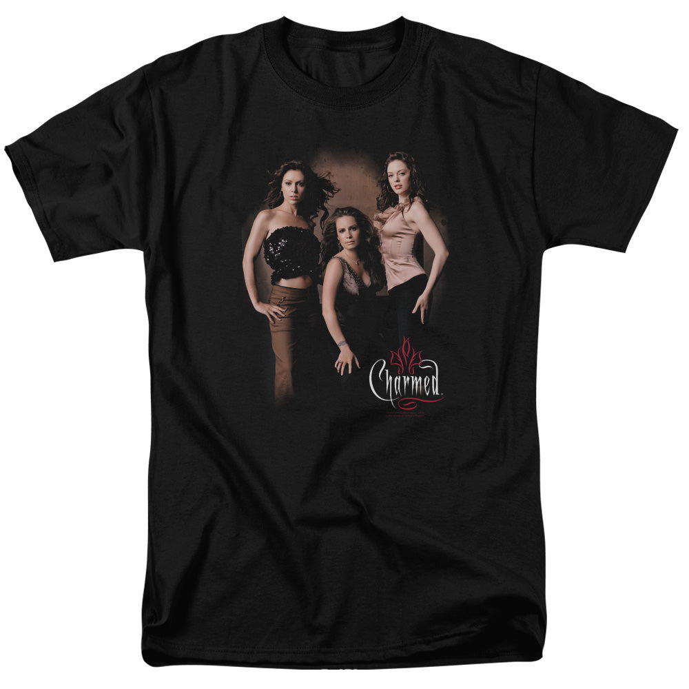 AN OFFCIALLY LICENSED CHARMED THREE HOT WITCHES MEN'S REGULAR FIT T-SHIRT BLACK
