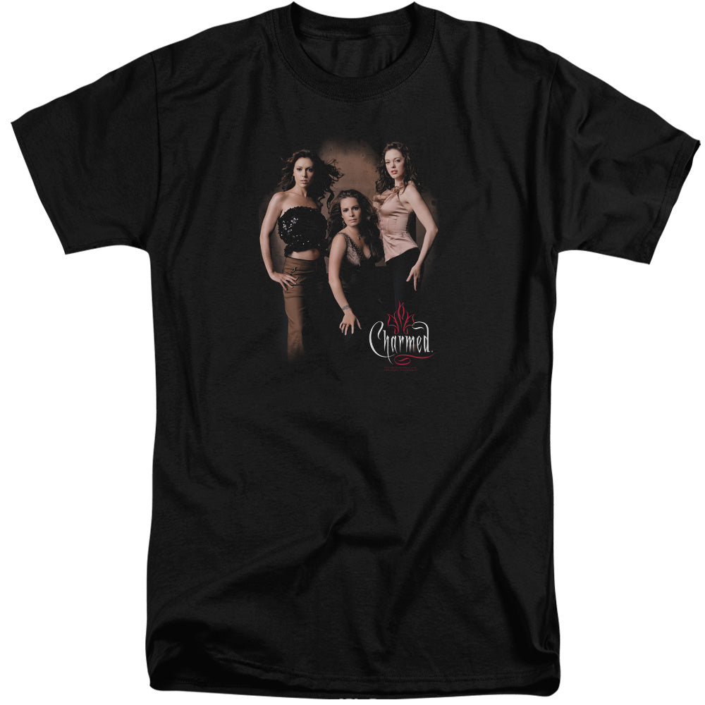 AN OFFCIALLY LICENSED CHARMED THREE HOT WITCHES MEN'S TALL FIT T-SHIRT BLACK