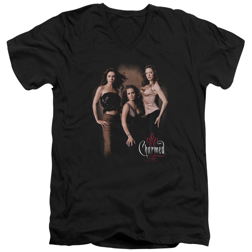 AN OFFCIALLY LICENSED CHARMED THREE HOT WITCHES MEN'S V-NECK T-SHIRT BLACK