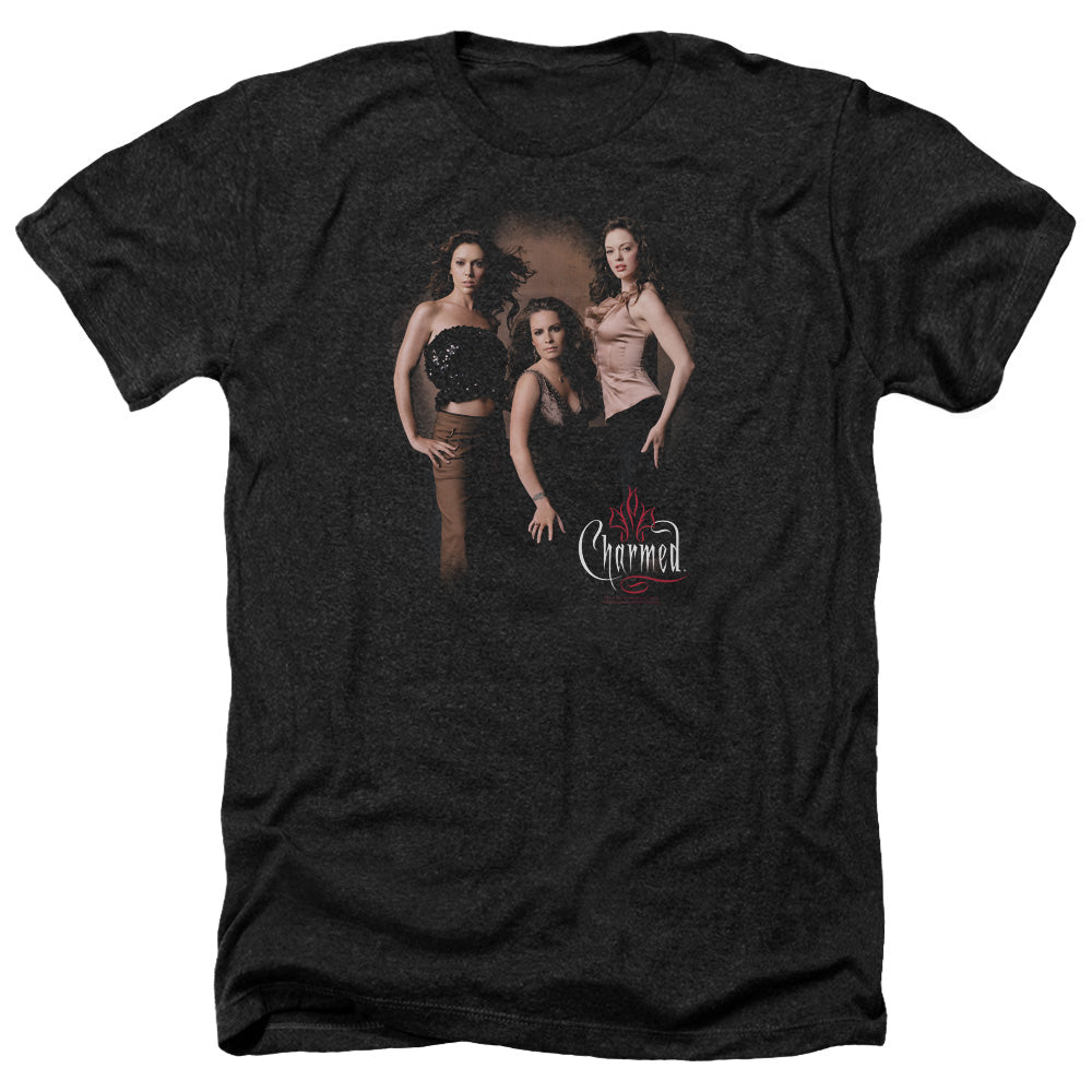 AN OFFCIALLY LICENSED CHARMED THREE HOT WITCHES MEN'S HEATHER T-SHIRT CHARCOAL