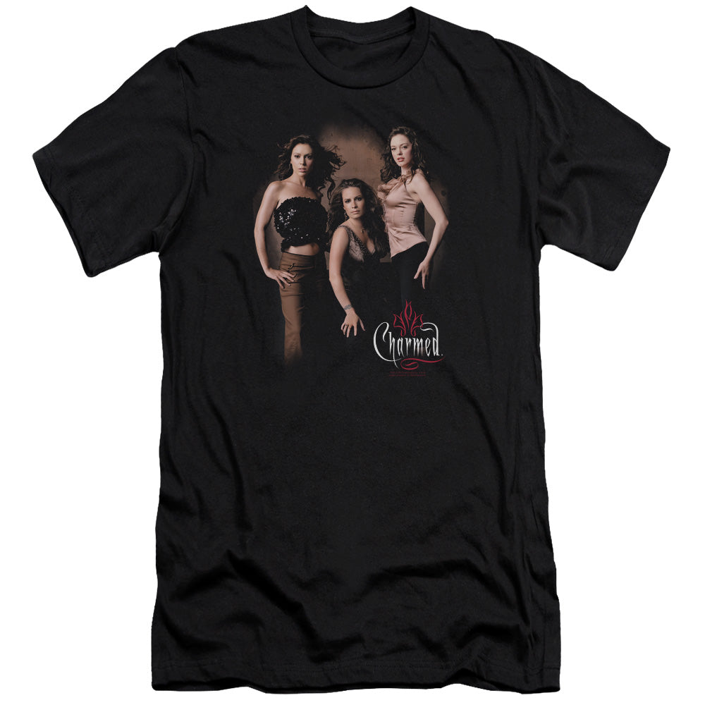 AN OFFCIALLY LICENSED CHARMED THREE HOT WITCHES MEN'S PREMIUM SLIM FIT T-SHIRT BLACK