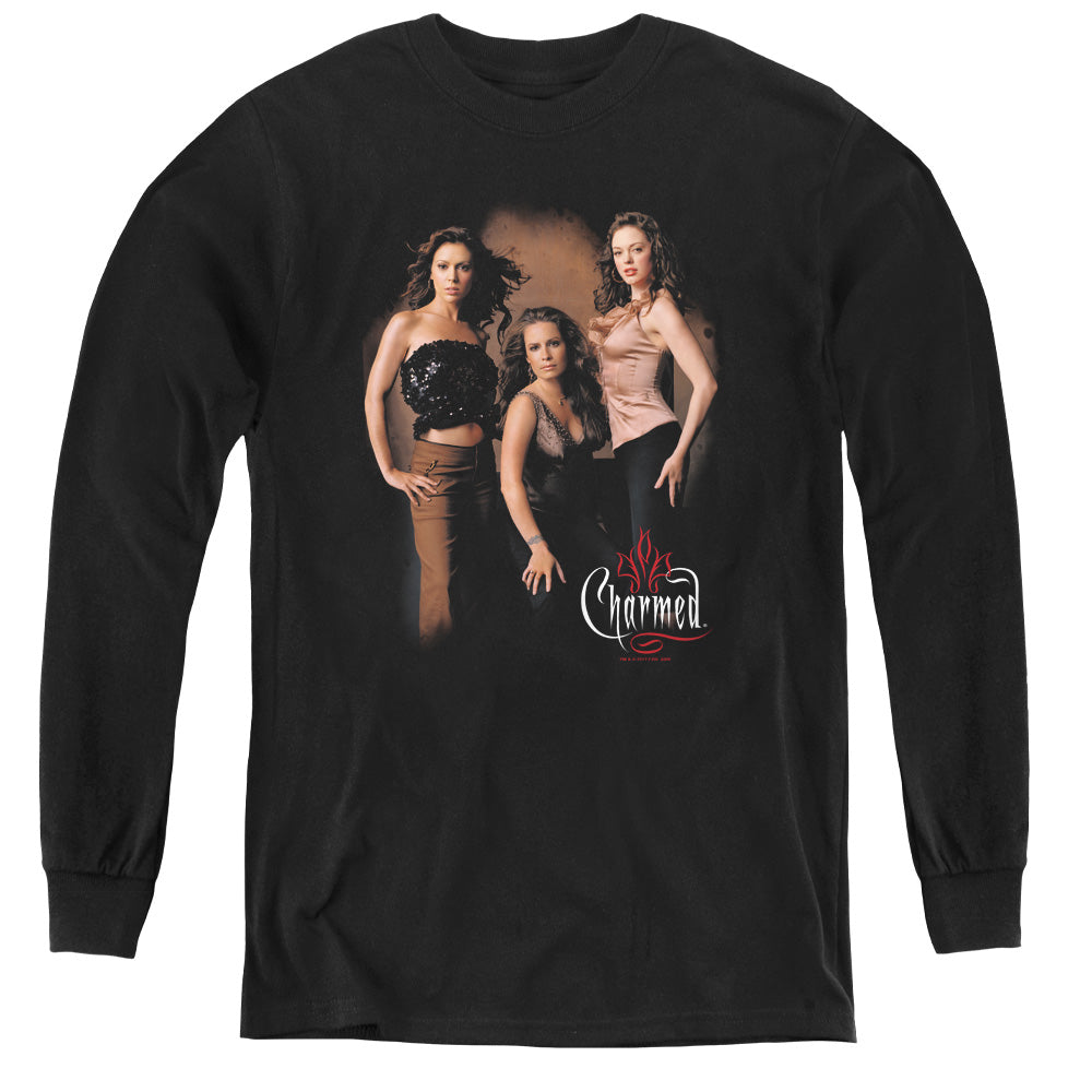 AN OFFCIALLY LICENSED CHARMED THREE HOT WITCHES YOUTH LONG SLEEVE T-SHIRT BLACK