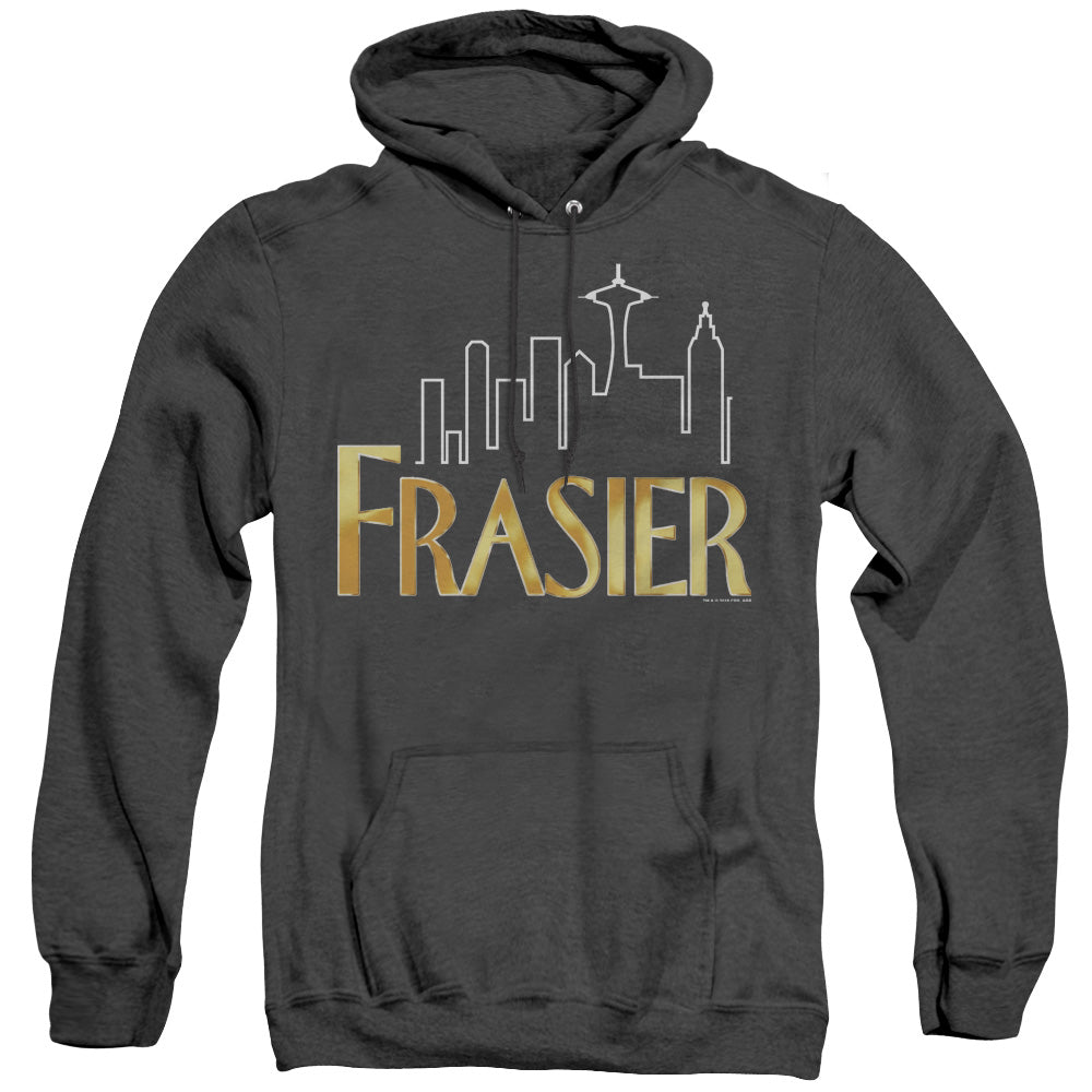 AN OFFCIALLY LICENSED FRASIER FRASIER LOGO ADULT UNISEX HEATHER PULLOVER HOODIE BLACK
