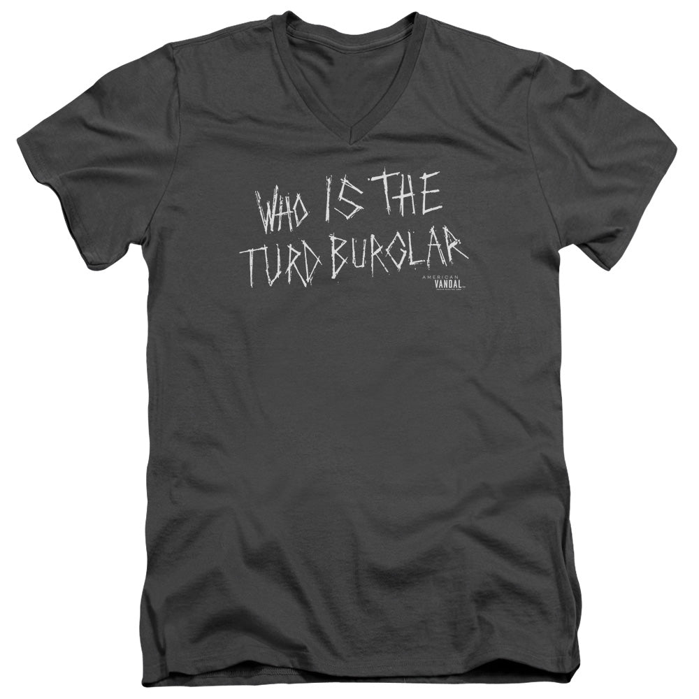 AN OFFCIALLY LICENSED AMERICAN VANDAL TURD BURGLAR MEN'S V-NECK T-SHIRT CHARCOAL