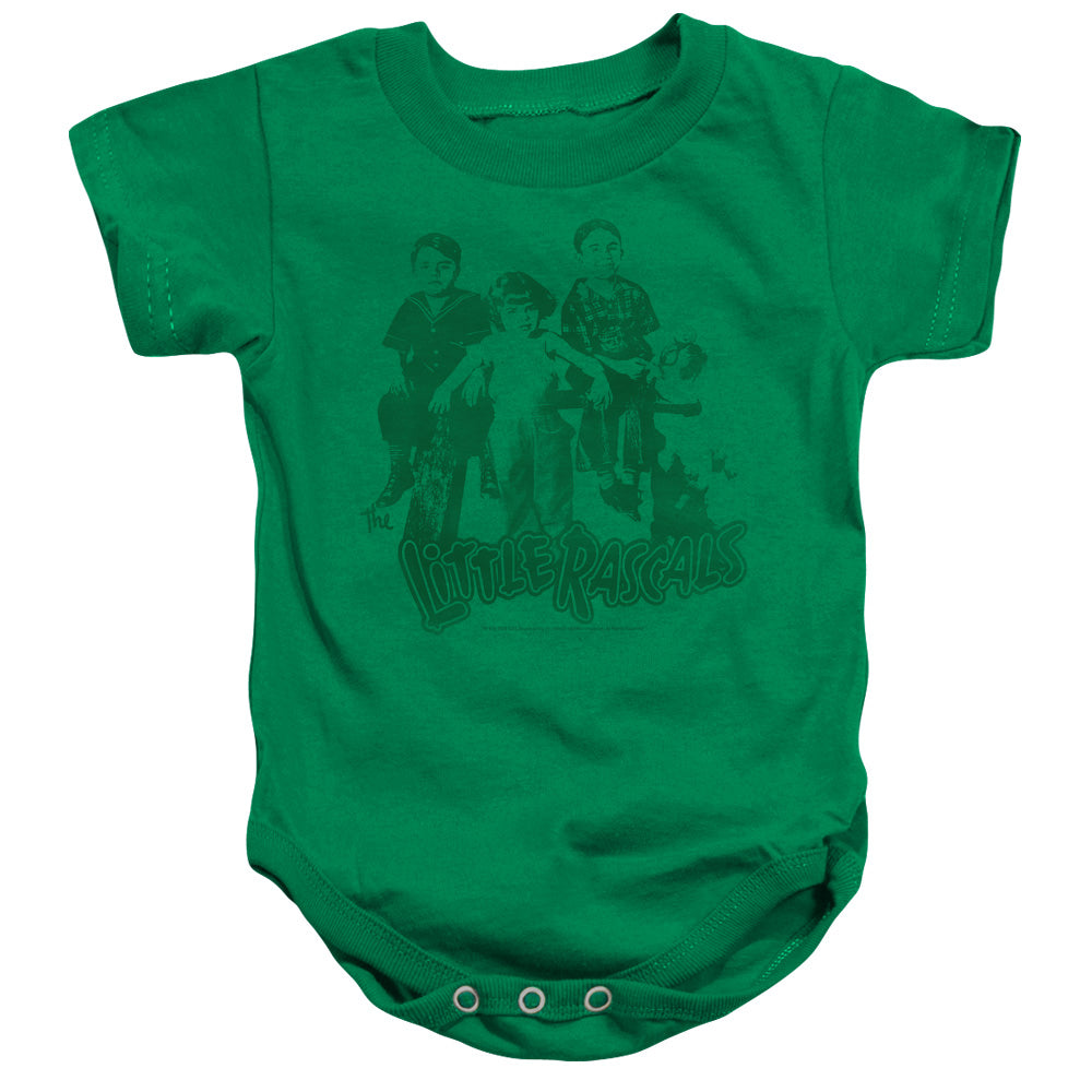 AN OFFCIALLY LICENSED LITTLE RASCALS THE GANG BABY BODYSUIT KELLY GREEN