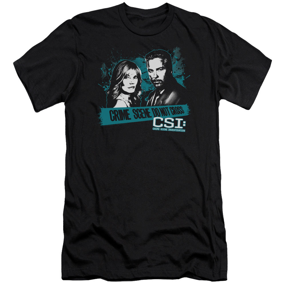 AN OFFCIALLY LICENSED CSI CROSS THE LINE MEN'S PREMIUM SLIM FIT T-SHIRT BLACK
