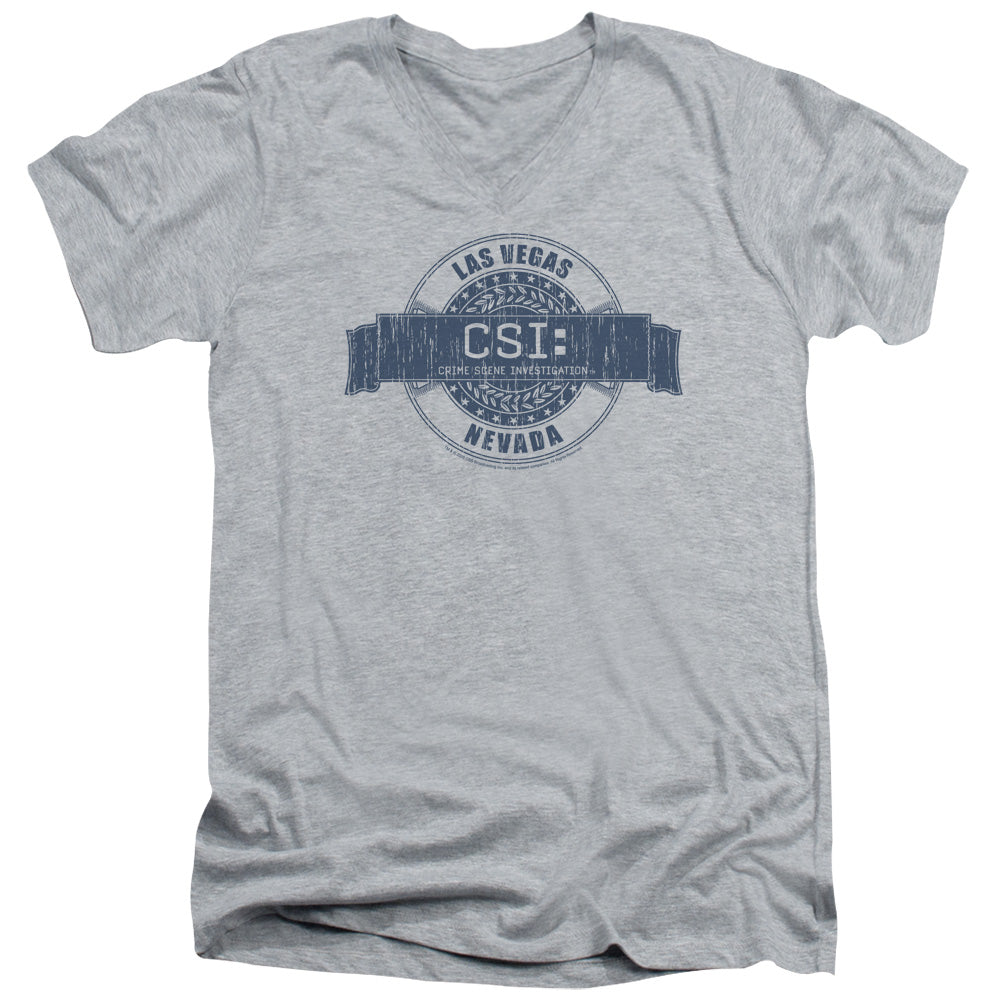 AN OFFCIALLY LICENSED CSI VEGAS BADGE MEN'S V-NECK T-SHIRT ATHLETIC HEATHER