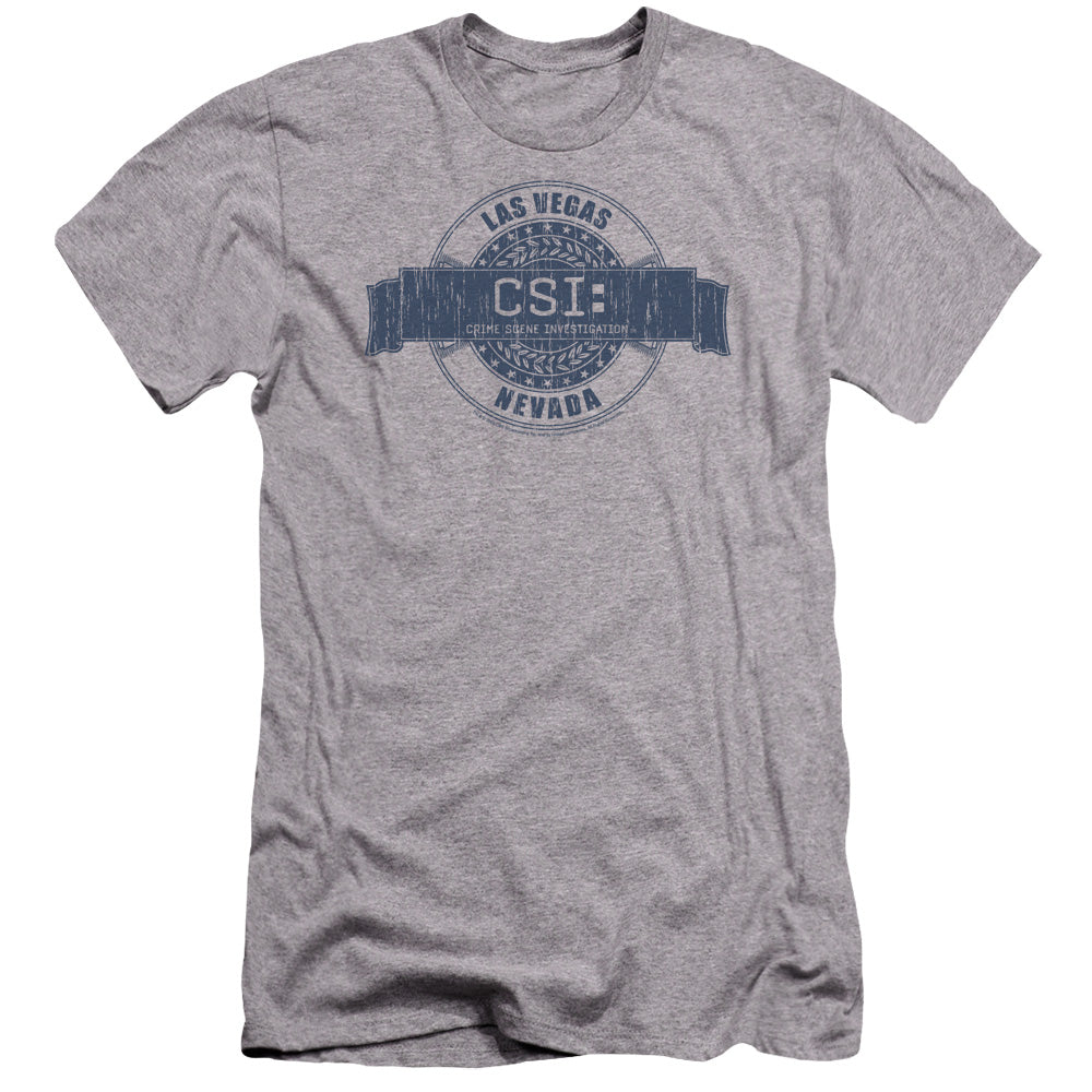 AN OFFCIALLY LICENSED CSI VEGAS BADGE MEN'S PREMIUM SLIM FIT T-SHIRT ATHLETIC HEATHER
